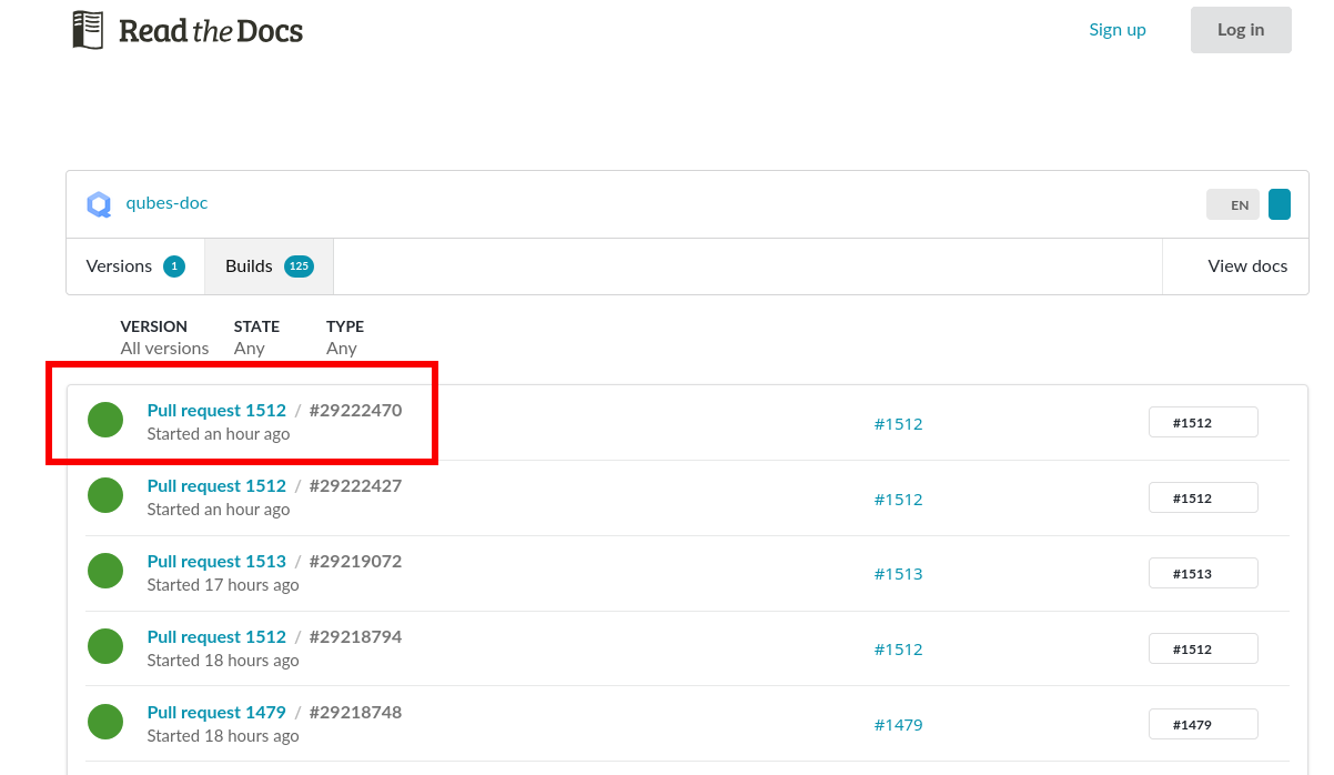Highlights the pull request <number> and its build in the build list on RTD