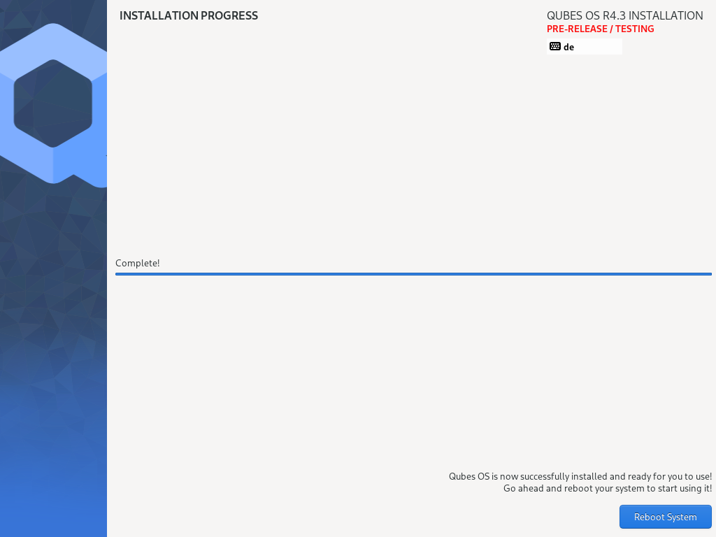 Windows showing installation complete and Reboot button.