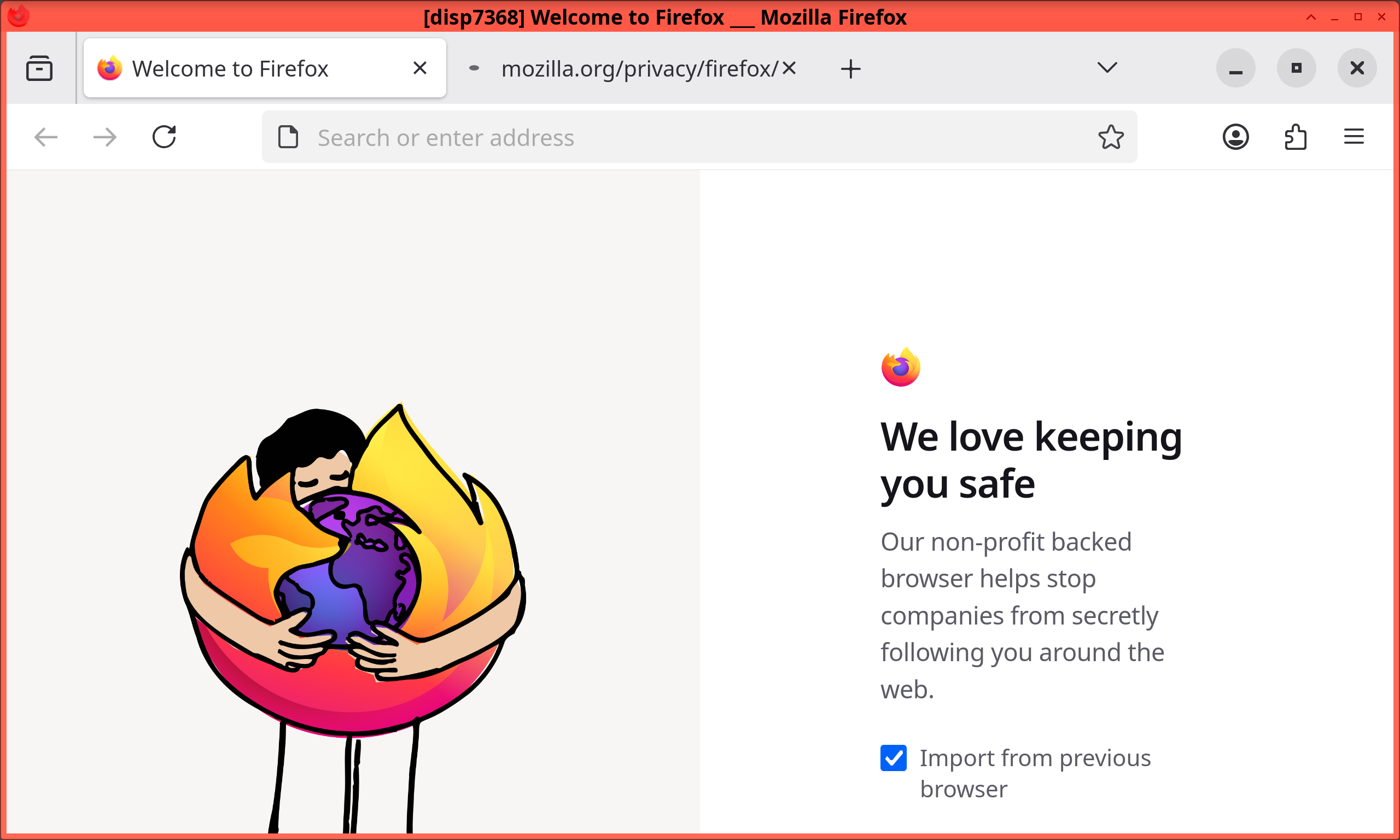 Firefox opened in a disposable qube in the default page.